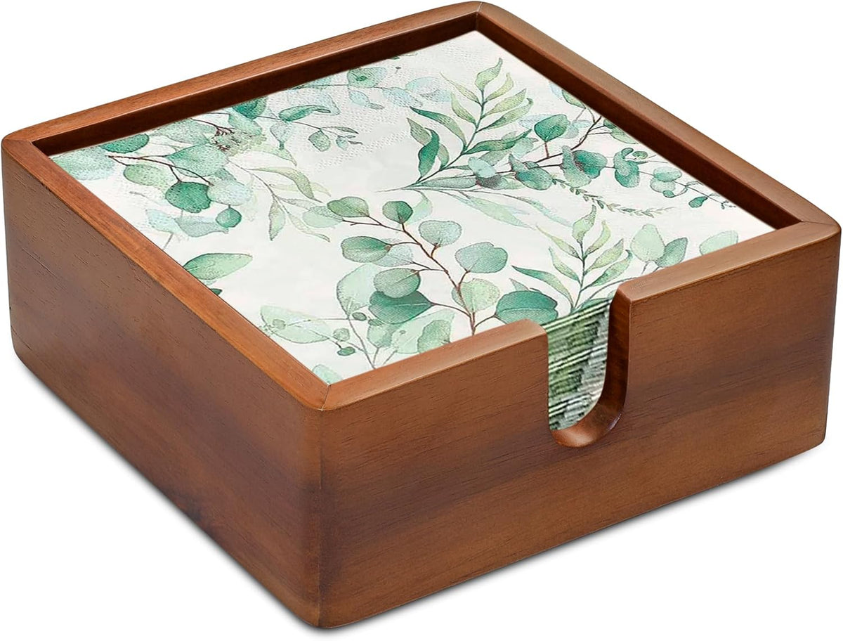 Acacia Cocktail Paper Napkin Holder Square 5.4x5.4 inches, Wood Flat Napkin Tray, Cocktail Napkin Caddy For Kitchen Décor