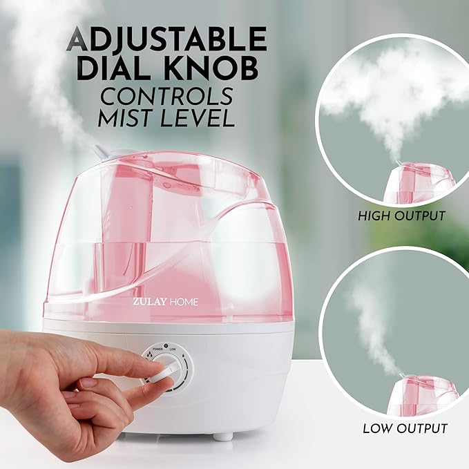 Zulay Home Cool Mist Humidifiers For Bedroom (2.2L Water Tank) - Quiet Ultrasonic Humidifiers For Large Room with Auto Shutoff Feature - Air Humidifier For Plants, Nursery, Kids Room (Pink)