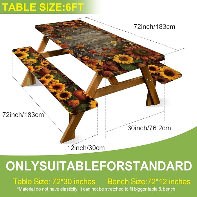 ANNA QUEEN 6FT Sunflower Picnic Table Cover Set 3PCS 72"x30", Waterproof Outdoor Bench and Tablecloth Furniture Protection for Camping Beach BBQ Patio Backyard (Sunflower Farm)