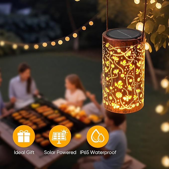 Homemory Bee Solar Lanterns Outdoor Waterproof, Birthday Gifts for Women Mom Grandma, LED Solar Lights Metal Decoration Outside for Yard, Patio, Backyard, Porch, Lawn