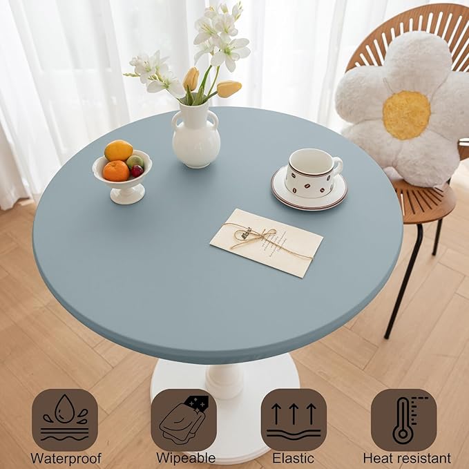 Round Fitted PU Tablecloth with High Elastic Edge 28 Inch Dia Waterproof Oil Proof Table Cloth Anti-Scald Stain-Resistant Wipeable Table Cover for Indoor Outdoor Picnic (Blue,28" Dia)