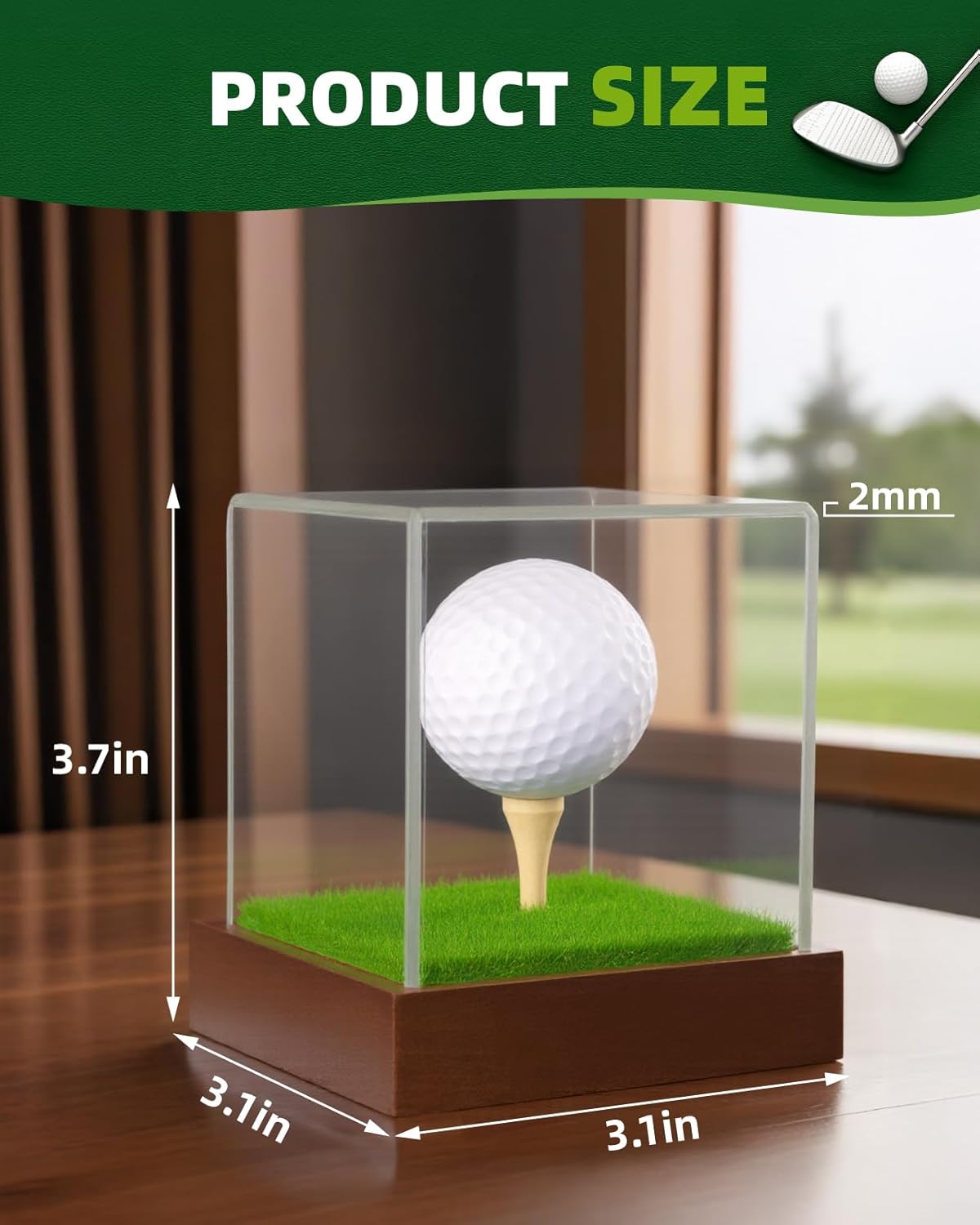 Golf Ball Display Case - Clear Acrylic Cube with Solid Wood Base & Tee, Anti-Dust Transparent Holder for Single Golf Ball, Ideal for Collectibles