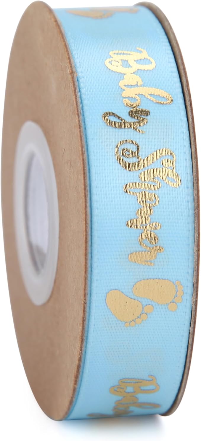 Meseey 20 Yards Baby Ribbon Foot Print Blue and Gold Ribbons for Crafts Cake Baby Shower Birthday,Gift Wrapping, Party Decoration (2 roll Blue)