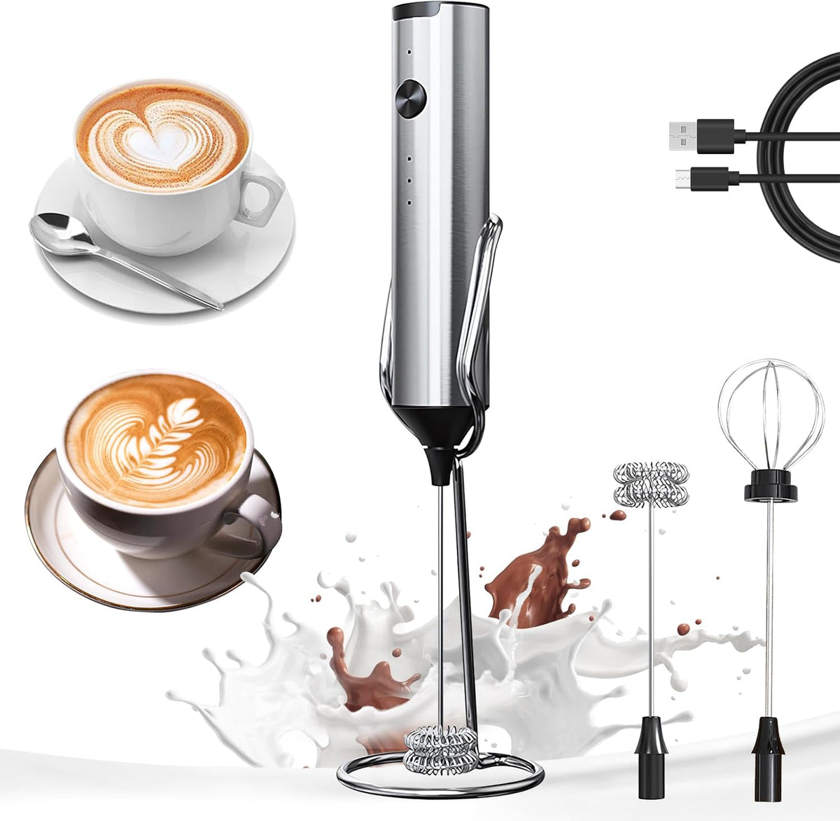 Yarramate Rechargeable Milk Frother Wand Handheld With Stand, 3 Speed Adjustable Drink Mixer with 2 Whisks