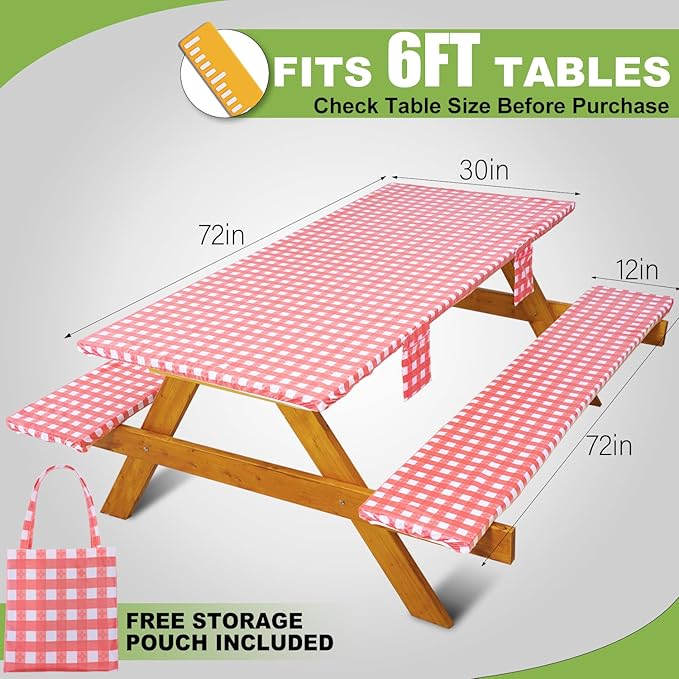Fitted Picnic Table Cover with Bench Covers Vinyl Waterproof Elastic Edges Fitted Rectangle Tables Patio Tablecloth Camping Gear and Essentials Rv Accessories Road Trip Supplies Car Travel Must Haves