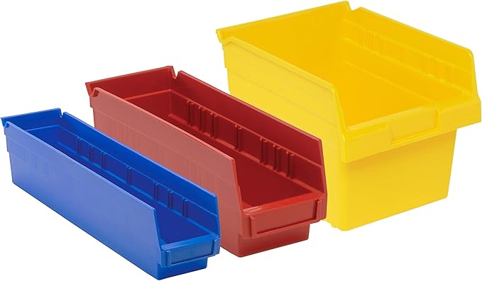 Quantum Storage QSB106 Heavy-Duty Nesting Plastic Shelf Bins for Pharmacy, Hospital & Warehouse, Hanging Lip & 7 Divider Slots, 23-5/8" x 6-5/8" x 4", Red, 8-Pack