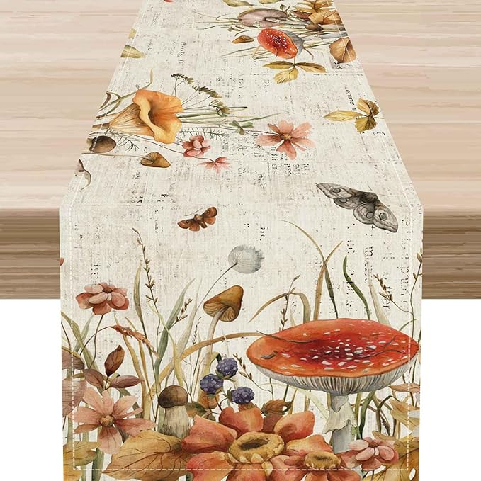 Mushroom Table Runner, Rustic Farmhouse Wildfloral Fall Autumn Leaves CountryCoffee Table Center Decor for Home Kitchen Dining Patio Holiday Party Indoor Outdoor Table Decorations, 13"x72" Inch