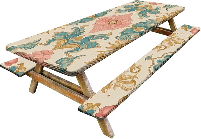 Vintage Floral Picnic Table Cover with Bench Covers Set of 3-European Symmetrical Flowers Pattern,Elastic Fitted Tablecloth for 6 Ft Tables, Washable Polyester Cover for Camping, Indoor & Outdoor