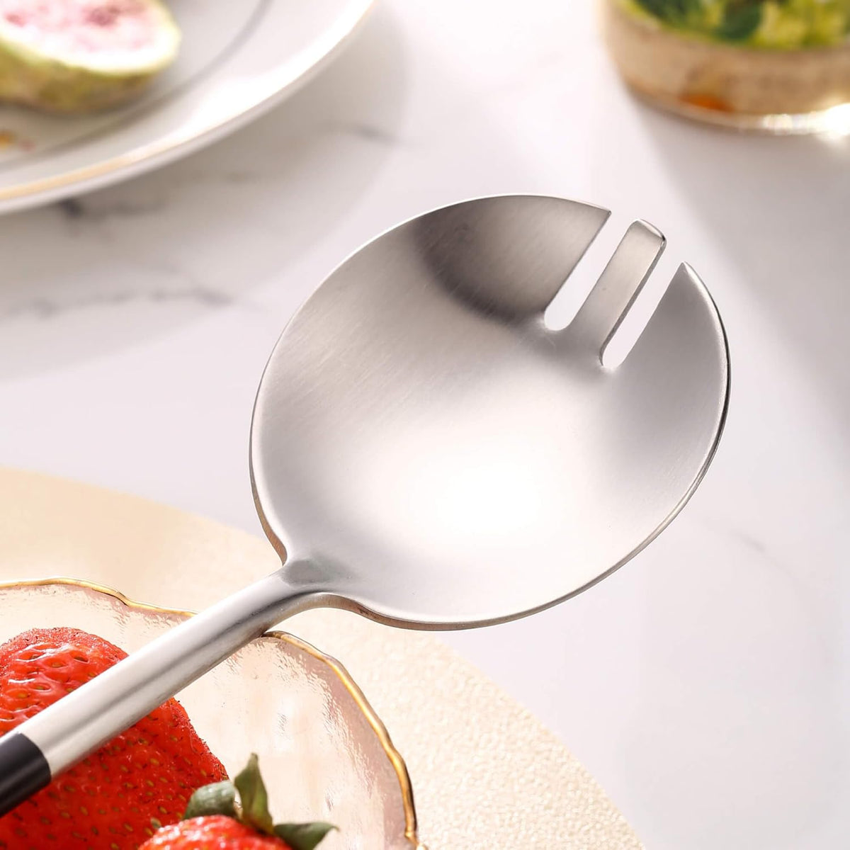 Lemeya Silver Black Salad Serving Utensils,Serving Spoons Stainless Steel,2Pcs Long Handle Salad Servers 11.42 Inch,Salad Utensils for Serving