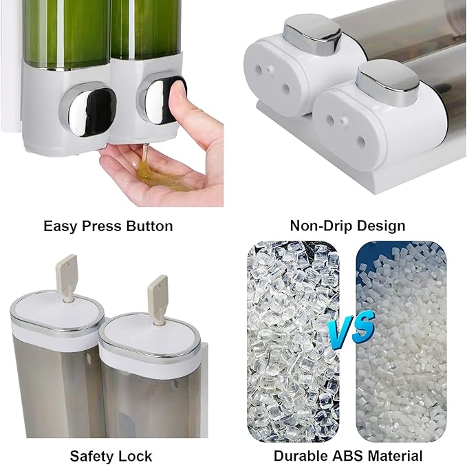 Wall Mounted Soap Dispenser Bathroom 2 Chambers, Shower 600ml Body Wash Soap Dispenser Set, Shampoo and Conditioner Dispenser Hand Pump for Toilet Bathroom Hotel Kitchen White