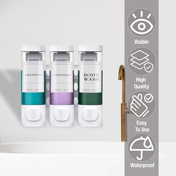 CeeVian Shampoo Dispenser Shower Dispenser 3 Chamrber No Drill Wall Mounted for Shower Shampoo and Conditioner Dispenser for Bathroom, Toilet, Hotel & Kitchen,3 * 300ML (White)