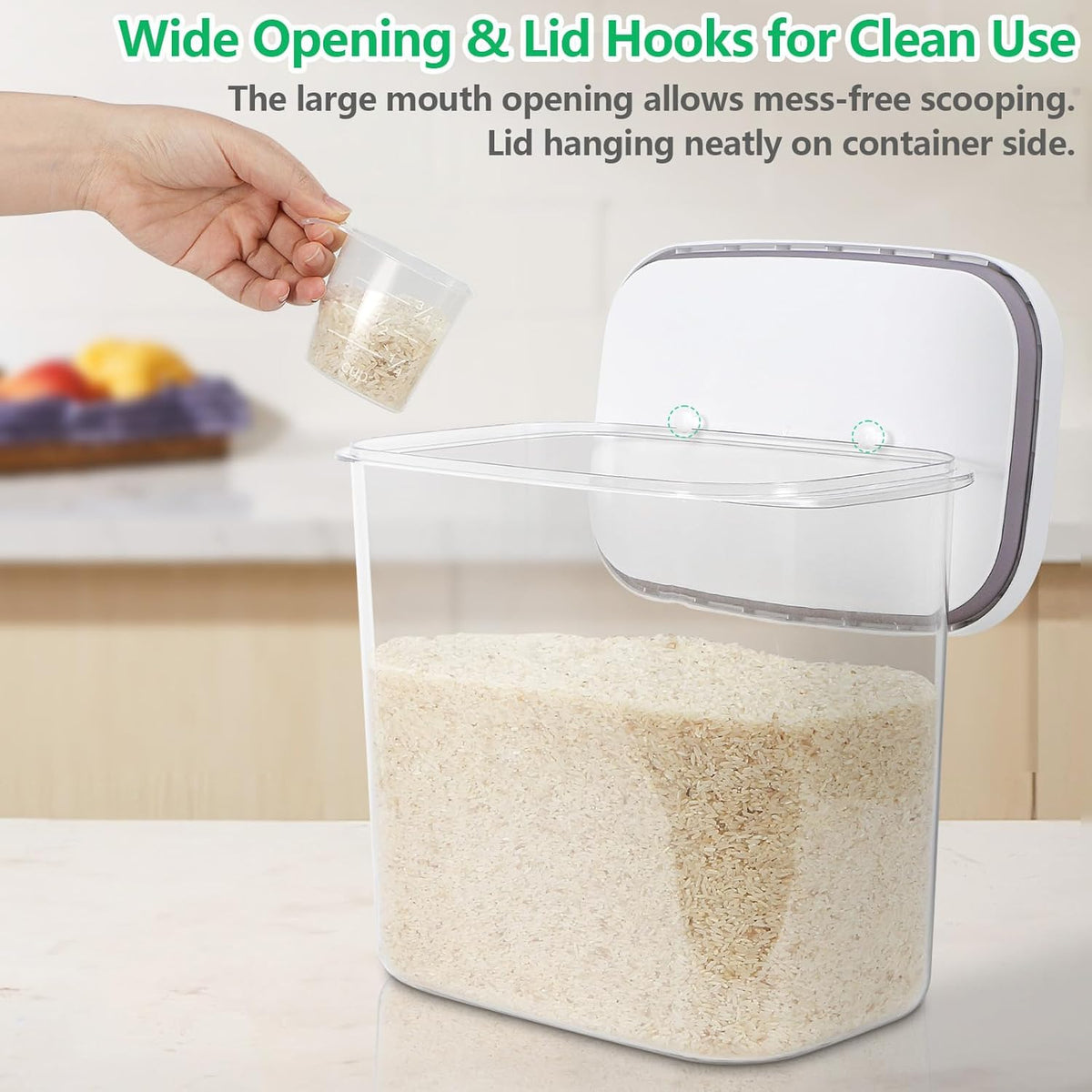 Airtight Rice Container 25 Lbs with Handle and Cup – 12.68Qt Large Flour Sugar Storage Container with Pop Up Seal & Hanging Lid Hooks