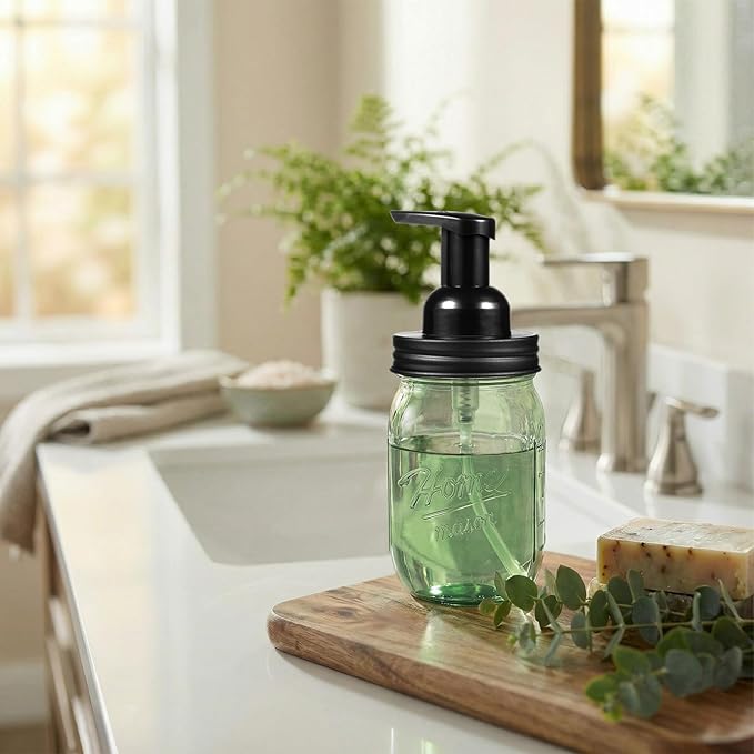 Amolliar 16OZ Green Glass Mason Jar Foaming Soap Dispenser, Plastic Pump & Stainless Steel Lid, Refillable Hand Soap Dispenser for Kitchen Bathroom, Farmhouse Decor for Foaming Dish Soap, Black 2 Pack