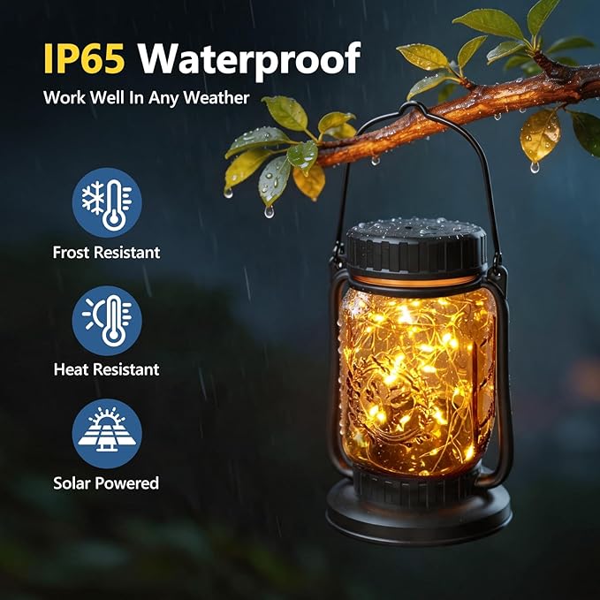 Solar Mason Jar Lantern Outdoor Waterproof, Hanging Solar Lantern Lights for Outside, Fairy Glass Decorative Lantern for Yard Patio Garden Porch Table Wedding, 2 Pack