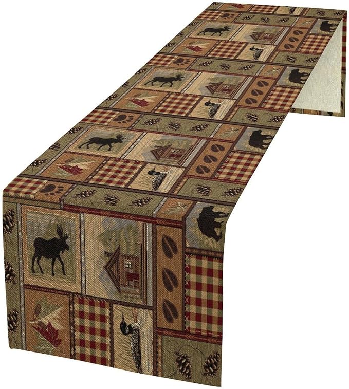 Rustic Deer Bear Table Runner, Vintage Bear Country Cabin Farmhouse Table Runner for Home Kitchen Dining Table Decoration 13x70in