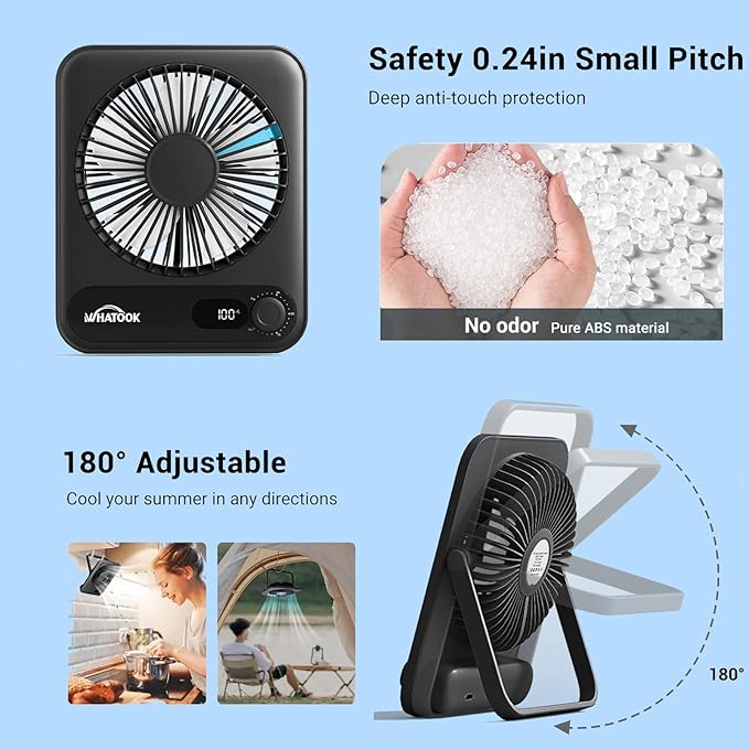 WHATOOK Desk Fan 2 Pack: 100 Speeds Stepless Control 2000mAh Battery Operated Portable Fan, Rechargeable Table Fan for Cruise Ship Essentials, Gift for Couples, Dorm, Office, Bedroom(Black and Black)