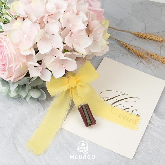 Yellow Chiffon Ribbon, 1-1/2 Inch x 21 Yards, Handmade Fringe, Silk, Boho Frayed, Cream Yellow, Gift Wrapping, Wedding Invitation, Bridal Flower Bouquets