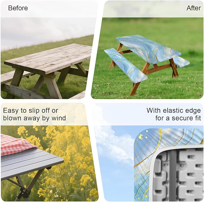 ANNA QUEEN 6FT Blue Marble Picnic Table Cover with Bench Covers Picnic Table Cover Set 3PCS 72"x30", Outdoor Bench and Tablecloth Furniture Protection
