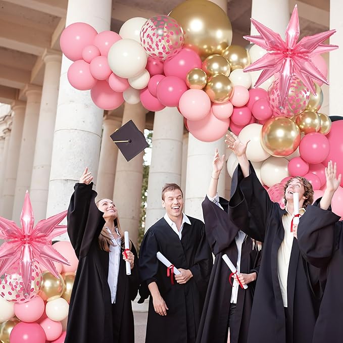 Ouddy Life 142pcs Pink Balloon Garland Arch Kit, Pink and Gold White Balloons with Graduation Decorations Class of 2026 Confetti Star Foil for College Birthday Congrats Grad Baby Shower Wedding Party