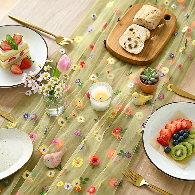 Artoid Mode Green Embroidery Daisy Spring Gauze Table Runner 59x120 Inch 10FT, Seasonal Sheer Kitchen Dining Holiday Wedding Birthday Table Decor for Home Party