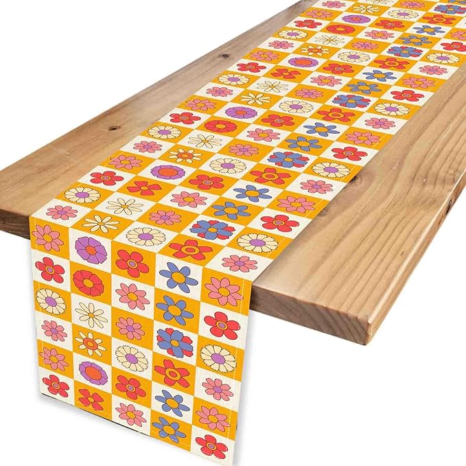 70s Table Runner, Retro Groovy Hippie Daisy Floral Colorful Checkered Funky Trippy Coffee Table Center Decor for Home Kitchen Dining Patio Holiday Party Indoor Outdoor Table Decorations, 13"x90" Inch