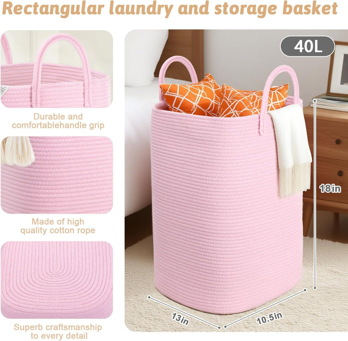 Laundry Basket,Woven Cotton Rope Laundry Hamper,40L Versatile Storage for Dirty Clothes,Baby Toys,and Blankets in Bathroom, Nursery,and Living Room