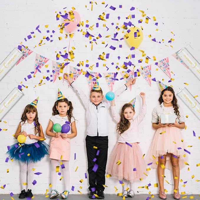 12" Purple & Gold Confetti Cannons - Party Poppers for Birthday Graduation Wedding Celebrations - Easy to Use - Pack of 2