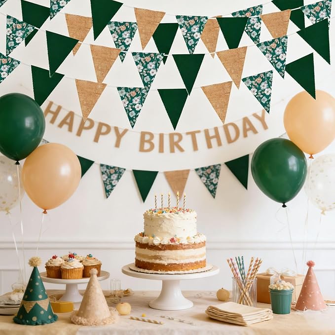 Zwiebeco 39Ft Dark Green Floral Fabric Pennant Banner Vintage Burlap Triangle Flag Retro Flower Bunting Party Decoration for Birthday Engagement Wedding Bridal Baby Shower Rustic Village Garden Decor
