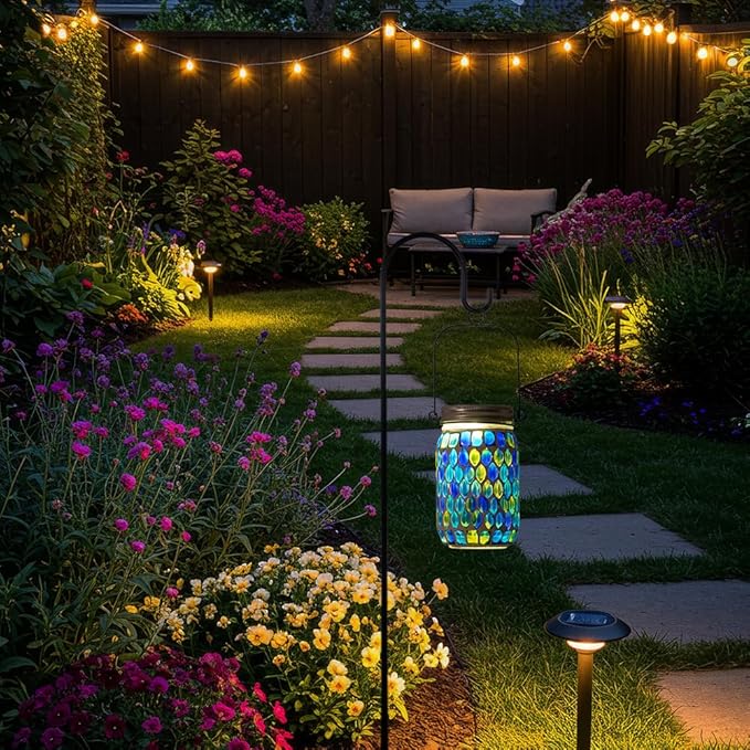Starsoul Solar Lanterns Outdoor Waterproof, Decorative Teal Mosaic Glass Outdoor Lantern, Hanging Solar Garden Lights for Outside Pathway Patio Porch Yard Table, Gifts for Women Mom Grandma