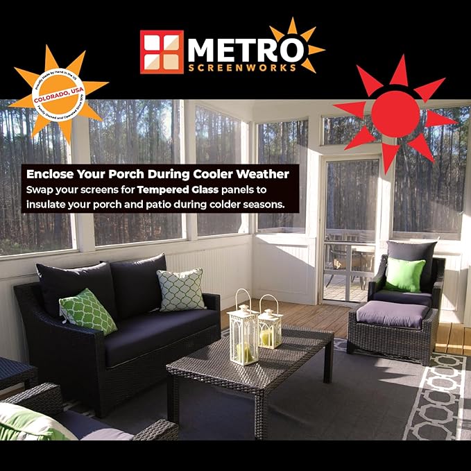 Metro Screenworks Framed Tempered Glass Panel for Porch & Patio Panels, Outdoor Enclosures, (33-1/8" x 34-3/8", White) Enclose Your Porch with Tempered Glass Panels - Glass Panel Replacement