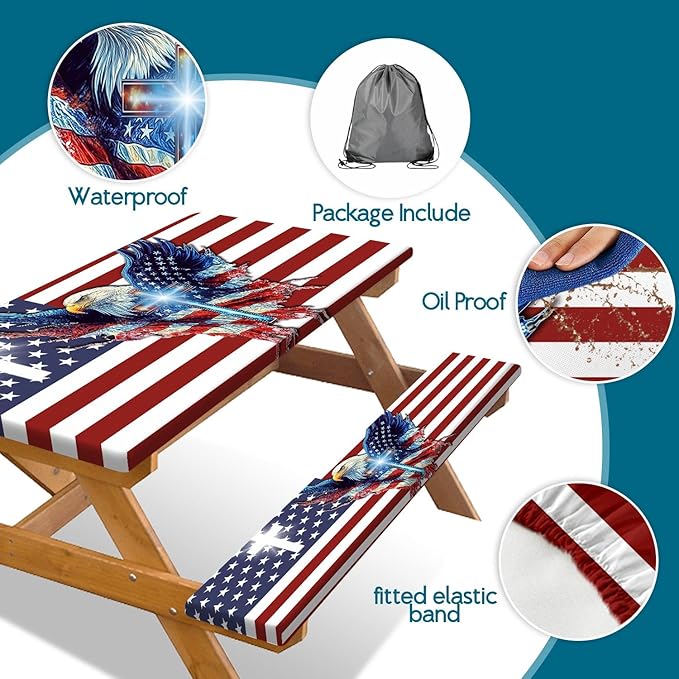 American Flag Picnic Table Cover with Bench Covers, USA Flag Art Eagle Camping Essentials Waterproof Table Cloth Fitted for Table Rectangle and Seats,Outdoor Table Covers with Elastic Windproof Edges