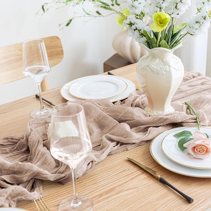 Asee'm Cheesecloth Table Runner 120 Inches Long Nude Pink Boho Gauze Cheese Cloth Runner 10FT Rustic Sheer Fall Table Runners for Thanksgiving Christmas Wedding Party Baby Shower Decoration