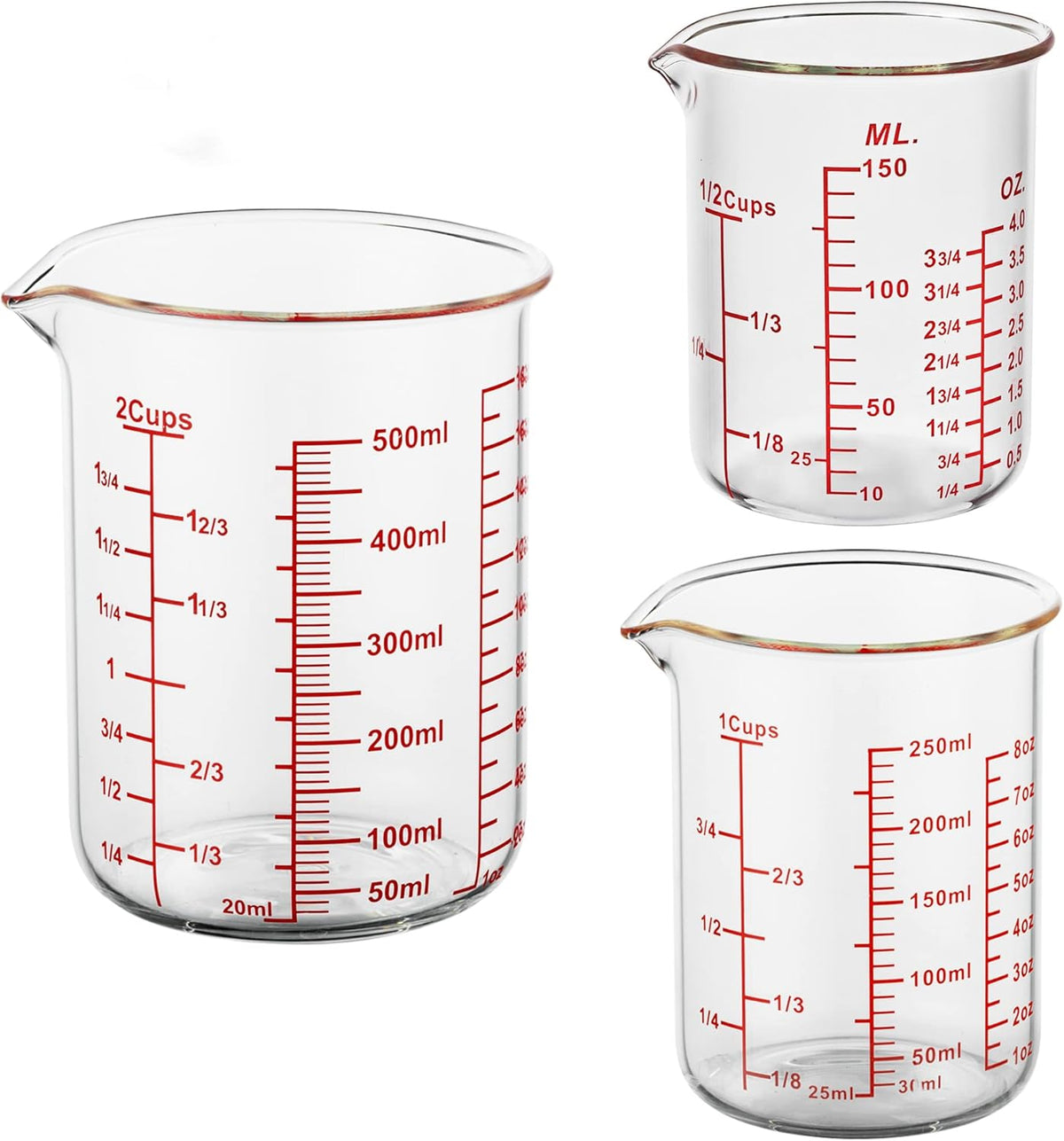 3 Piece Glass Measuring Cup Set, Includes 1/2-Cup, 1-Cup, and 2-Cup High Borosilicate Glasss Liquid Measuring Cups, Dishwasher, Freezer, Microwave