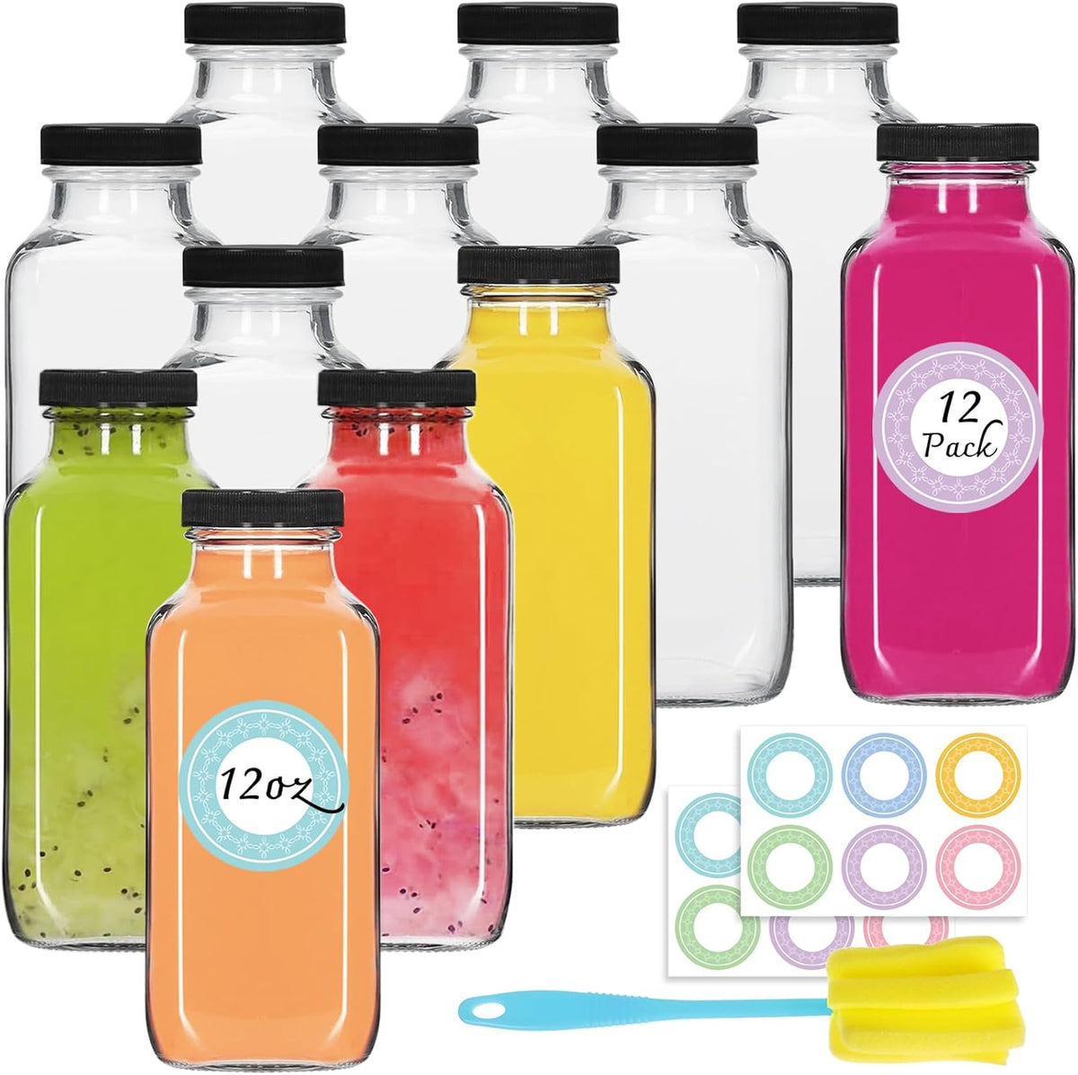 3 pack 8 oz Glass Juice Bottles with Lids, 250 ml Reusable Glass Water Bottles, Empty Drink Containers Drinking Jars with Brush, for Milk, Juicing