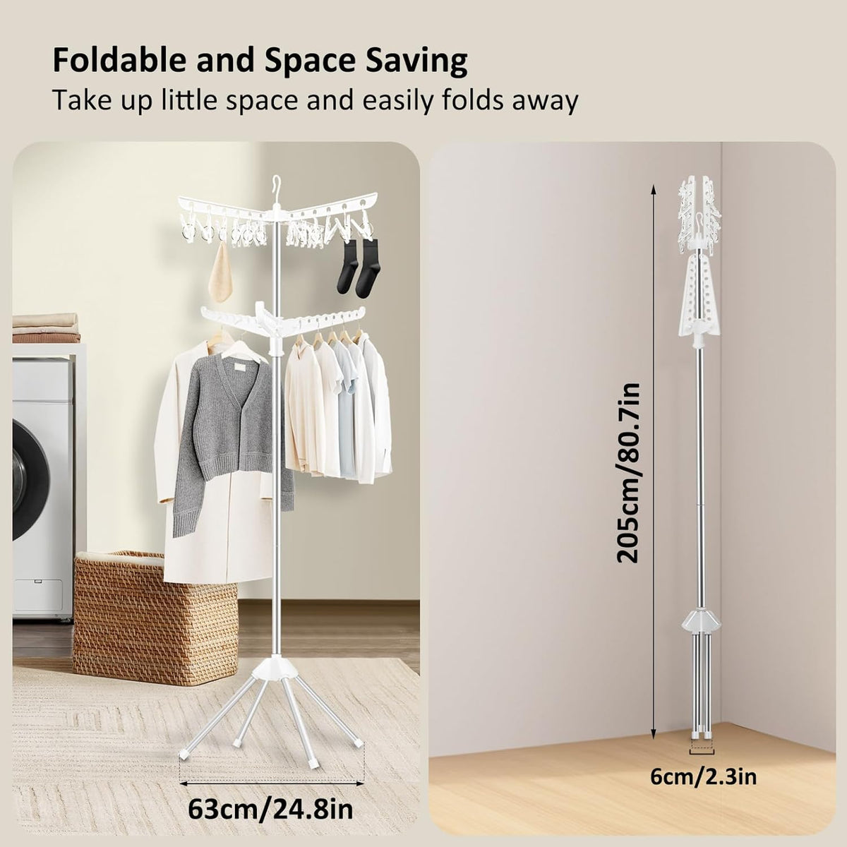Suyu Clothes Drying Rack,Folding Clothes Drying Tree, 2 Layer with 24 Clips and 3 Rotatable Arms,66.9-Inch Indoor Clothes Rack,Stainless Steel,4 Legs