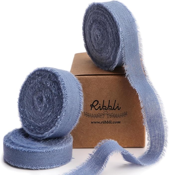Ribbli 3 Rolls Dusty Blue Ribbon 5/8 Inch x 18Yards Handmade Cotton Frayed Fringe Ribbons for Gift Wrapping Wedding Invites Bridal Bouquets Baby Shower DIY Crafts Home Decor
