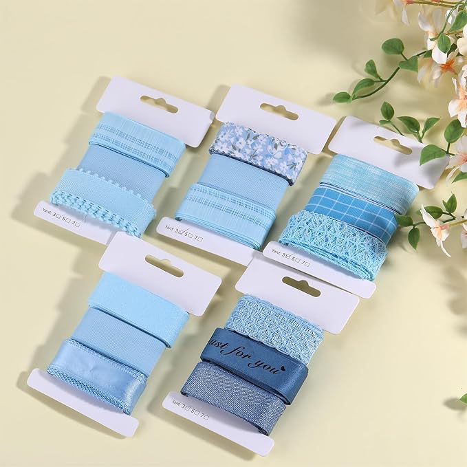 BEEFLYING 3 Styles Light Blue Wire Edged Polyester Ribbons for Gift Wrapping Decoration 25~28mm×2.7m Organza Lace Fabric Ribbons for Wedding Party HairBows,Flower Designs Sewing and Craft, 9 Yards