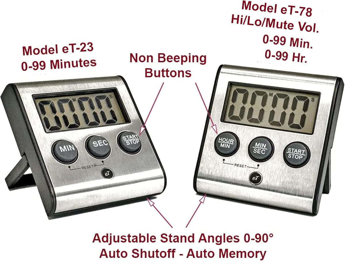 Elegant Digital Kitchen Timer - Stainless Steel Model eT-23, Super Strong Magnetic Back, Loud Alarm, Large Display, Auto Memory