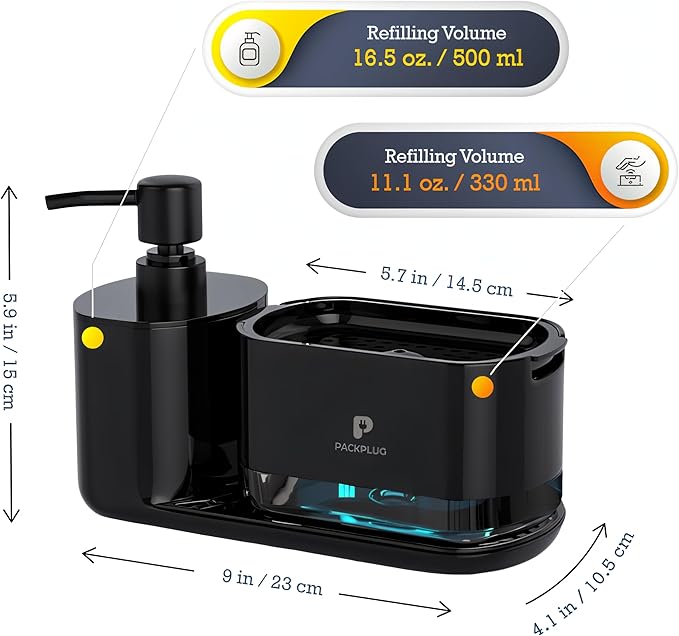 Automatic Dishwasher Soap Dispenser Set, Satisfying Squeeze Double Soap Pump, Premium Sponge Tray, Kitchen Sink Organizer, Instant Refill Soap Holder, 2 Minutes cleanup, Hand Pressed, Modern (Black)