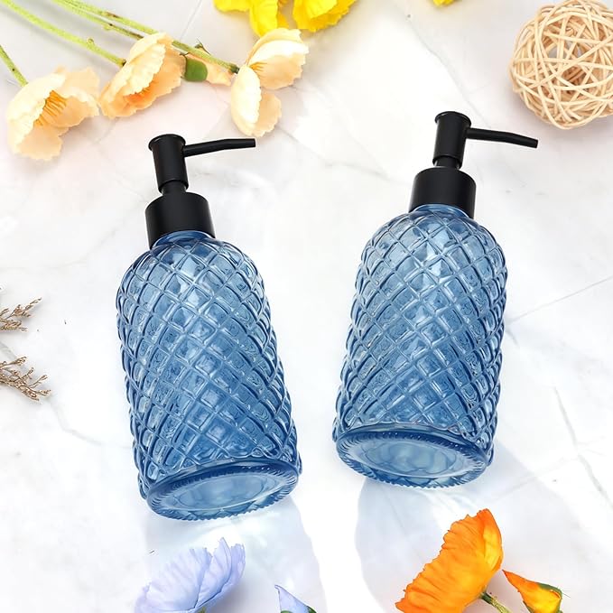 13.5Oz Gem Design Soap Dispenser with Plastic Pump, Refillable Glass Soap Dispenser for Hand Soap, Dish Soap, Lotion (Blue & Plastic Pump)