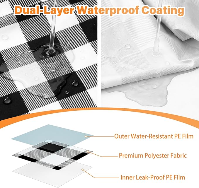 HappyTrends Fitted Picnic Table Cover with Bench Covers - 6FT Dual Layer Waterproof Camping Tablecloth with Windproof Elastic Edging & Bag, Washable RV Camping Accessories (96x30in, Black Checkered)