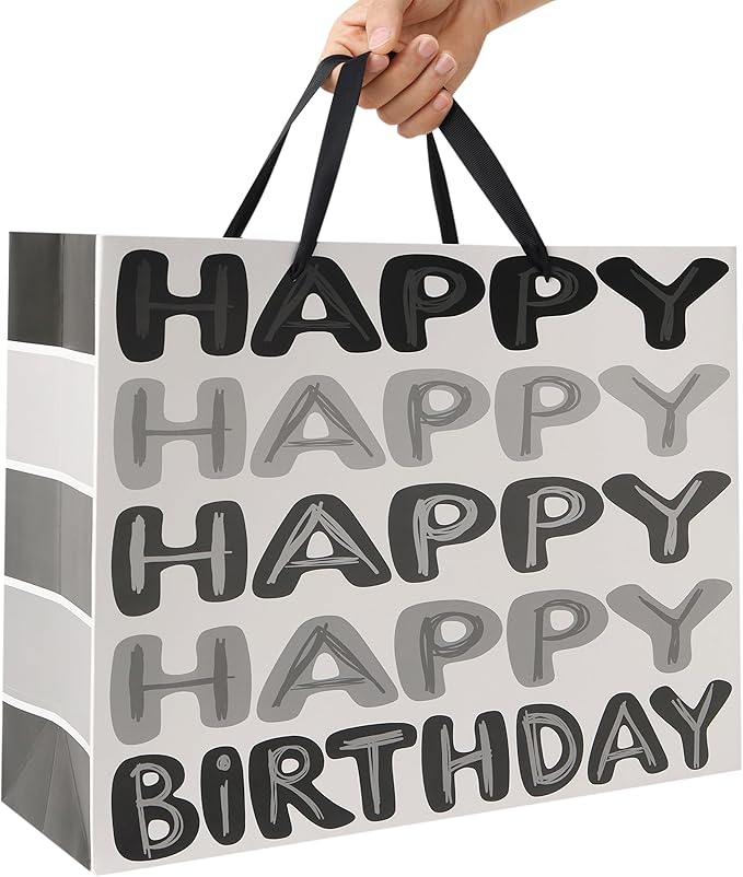 Qirrmiy 16.5" Extra Large Black Happy Birthday Gift Bag Set with Handles, Greeting Card, Tissue Papers and Stickers for Men Boys Kids Teens, Words Design, 1 Pcs