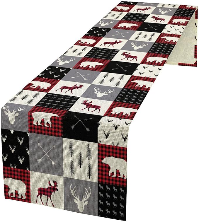 Farmhouse Bear Deer Table Runner, Retro Rustic Village Buffalo Plaid Table Runner for Coffee Table Dining Room Table Bedroom Party Holiday 13x36in