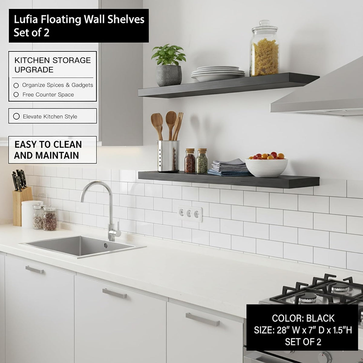 Lufia Floating Wall Shelves, Set of 2, MDF with Invisible Brackets, Modern Storage for Bedroom, Bathroom, Living Room, Kitchen (Black