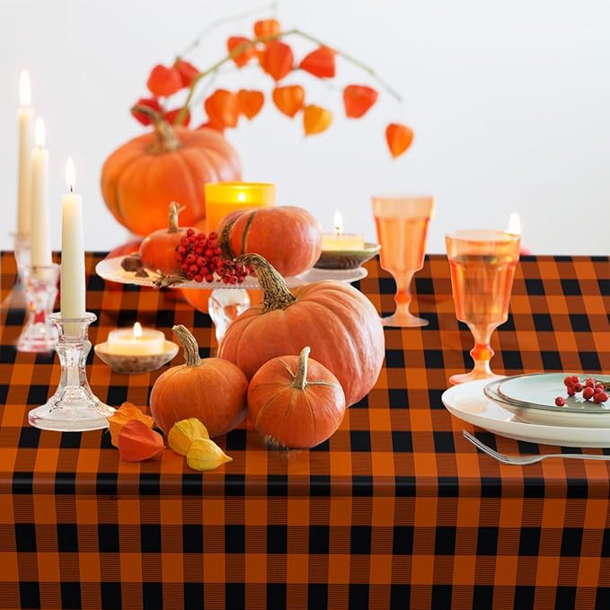 Remagr 3 Pcs Black and Orange Checkered Table Cloth 54 x 108 Inch Disposable Buffalo Plaid Plastic Table Cloth Waterproof Rectangle Gingham Tablecover for Picnic, Dining, Birthday Party Decor