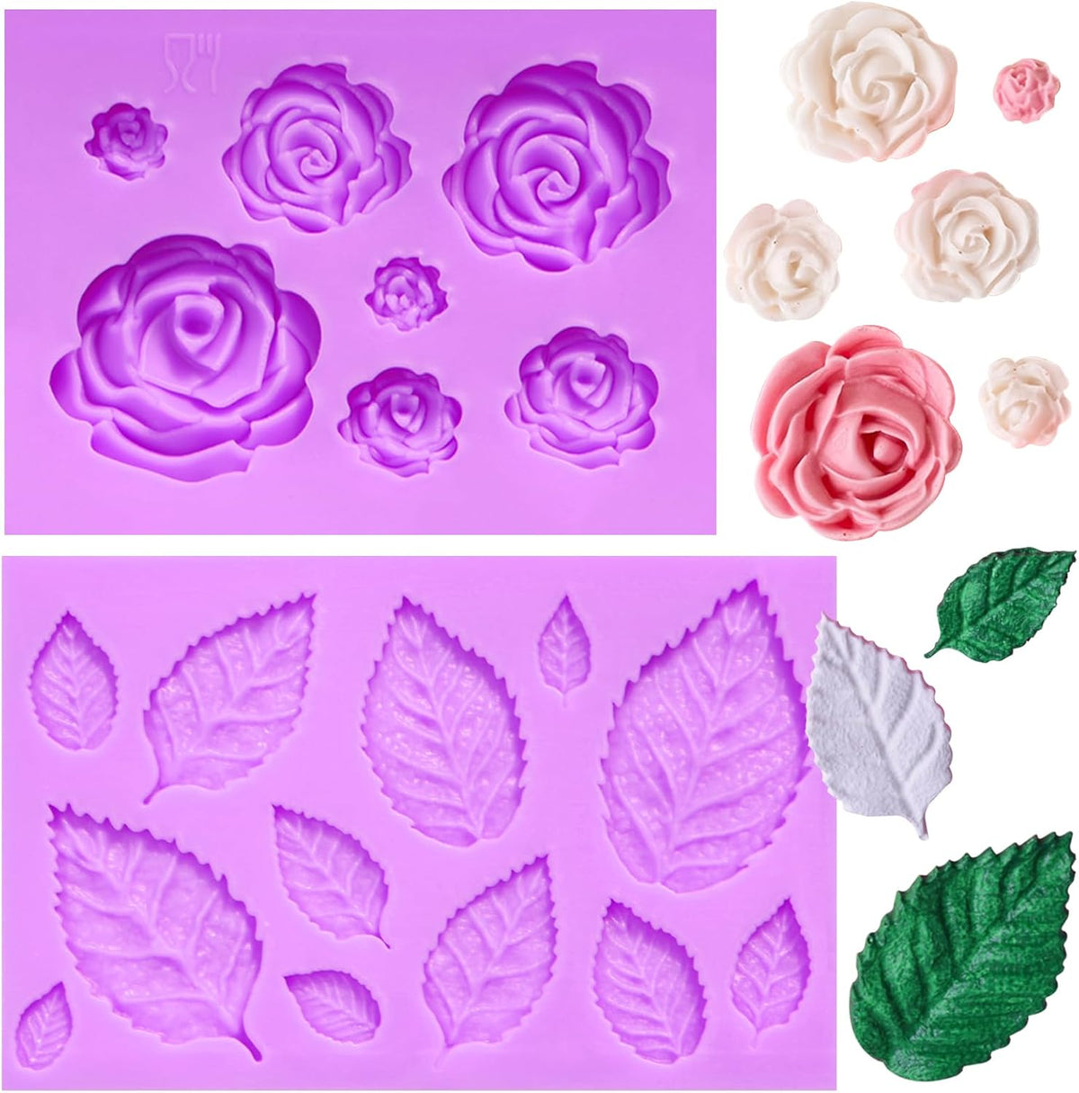 Rose Flower Fondant Molds, Flower and Leaves Silicone Molds, Cake Decoration Chocolate Molds for Cupcake Topper Candy Cookie Clay Crafting Projects