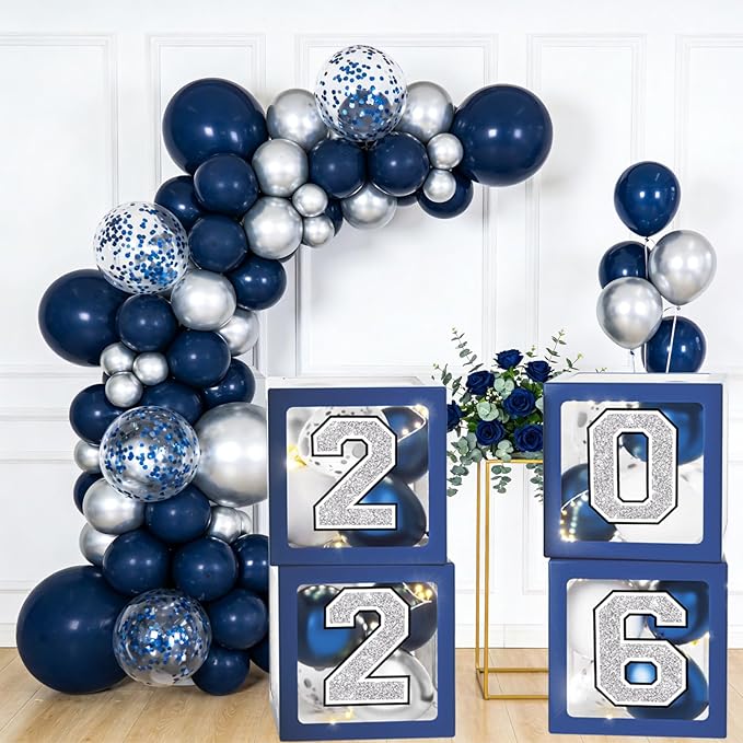 Navy Blue and Silver Graduation Decorations 2026 - Balloons Boxes with Letters 2026 GRAD So Proud of You, Congrats Grad Party Decorations for Any Grades