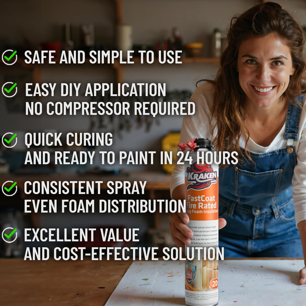 Kraken Bond Fastcoat Fire Rated Spray Foam Insulation Kit Closed Cell in a Can 40 sq ft (2x27.1 oz.) (R-Value 11.32 / 2in) - Spray Foam for Garage Door, Attic, Wall Gun & Cleaner Included, 2 Pack