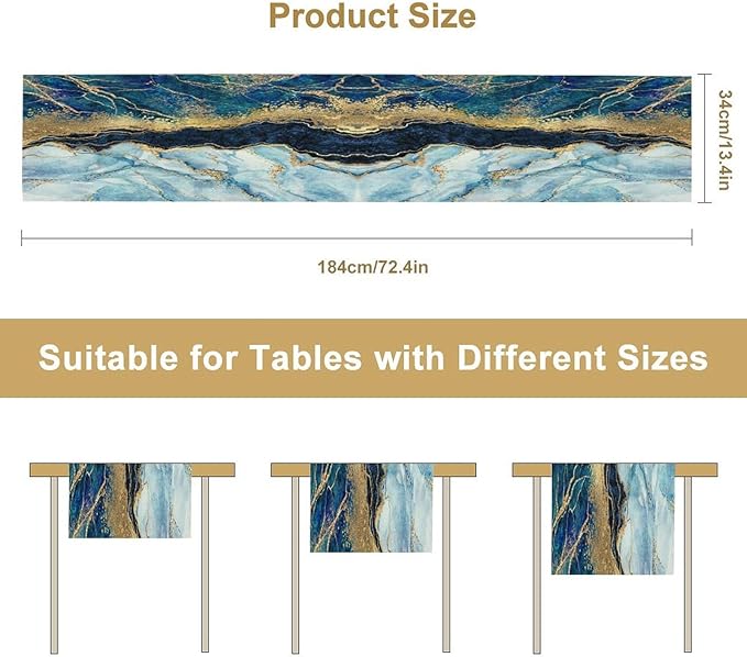 Marble Table Runner, Blue Texture Abstract Art Print Table Runner for Indoor Home Living Room Party Dining Kitchen 13x60in