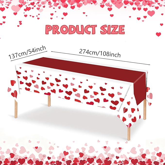 Red Table Cloths Rectangle - 2 Pack Heart Pattern Valentine's Day Decoration Party, Disposable Plastic Tablecloth 54" x 108", Suitable for Valentine's Day Wedding Anniversary Party Decoration